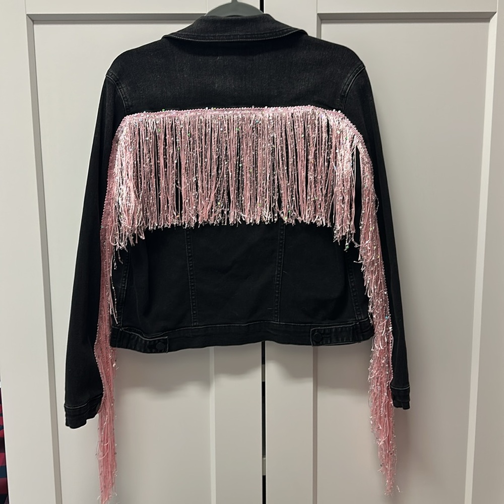 Black Denim Jacket w Pink fringe, medium